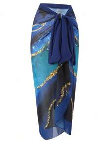 Blue And White V Neck Lace Up Strip Plant Prints One Piece Swimsuit And Skirt/Sarong - Màu xanh hải quân - Xem 2