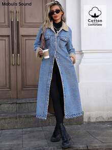 Mobula Sound Casual Thermal Lined Long Denim Jacket For Women, Suitable For Autumn/Winter - Blue - View 3