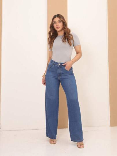 Calça Jeans Wide Leg Feminina Cintura Alta Tecido Grosso Elegante Confortável 100% Jeans Algodão Vintage