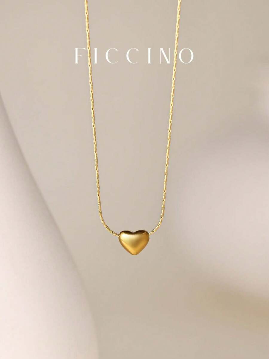 FICCINO 经典复古心形钛钢镀金吊坠项链，钛钢镀金超薄蛇骨链项链，黄金饰品，日常百搭choker项链，情侣/情人节礼物，附赠礼盒 - 1386n - 查看 1