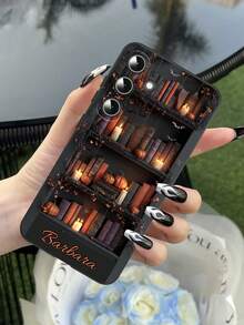 1 件个性化书架南瓜图案万圣节万圣节定制名称防震黑色全覆盖相机手机壳，送给朋友的礼物，兼容三星 S25/S25 Ultra/S25 Plus、Moto G85、Pixel 9 和其他手机型号