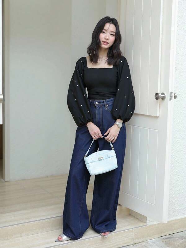 K-Vae Women's Autumn And Winter Black Puff Sleeve Pearl Decoration Shirt, Elegant And Simple, Cute Y2K, Airport Clothes, Back To School, Halloween