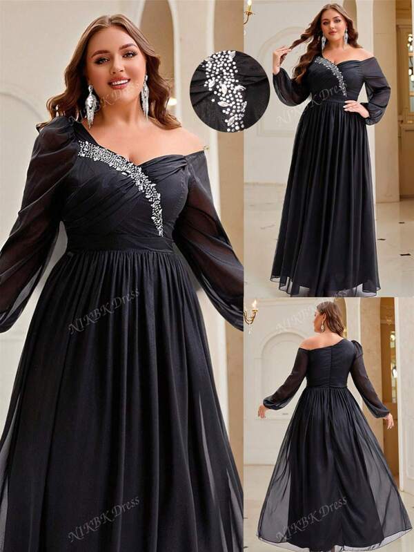 NIKBK Maxikleid in Große Größen mit asymmetrischer Schulterpartie - Transparente Chiffonärmel in Laternform, silber-bestickter drapierter Oberkörper, Taillenband mit fließendem Chiffon-A-Linien-Bodensaum | Elegantes Abendkleid für Galas, Hochzeitsempfänge, Schwarze-Krawatte-Zeremonien und anspruchsvolle gesellschaftliche Anlässe