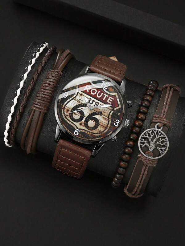 5 pièces/set Montre homme élégante et polyvalente + Bracelet, cadeau parfait pour le port quotidien, anniversaire, fête des pères, rentrée scolaire, Thanksgiving et autres occasions