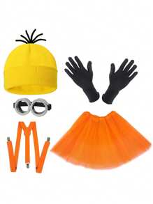 D EXCEED 3/4/5 pièces Accessoires de costume d'Halloween pour adultes - Bonnet jaune / Lunettes de protection / Gants / Bretelles pour se costumer à Halloween, bal de promo