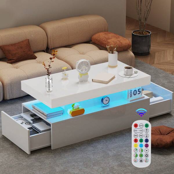 OYAJIA Couchtisch Wohnzimmertisch Sofatisch Beistelltisch mit LED Beleuchtung und 2 Schubladen für Wohnzimmer Hochglanz 95x48x42cm (Weiß)