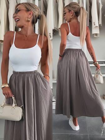 女士优雅休闲纯色高腰口袋裙，夏季