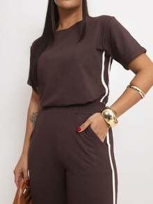 Premium Sweatsuit Casual Set, Casual Wide-Leg Pants, Side Stripe Pocket - Rỉ Nâu - Xem 5