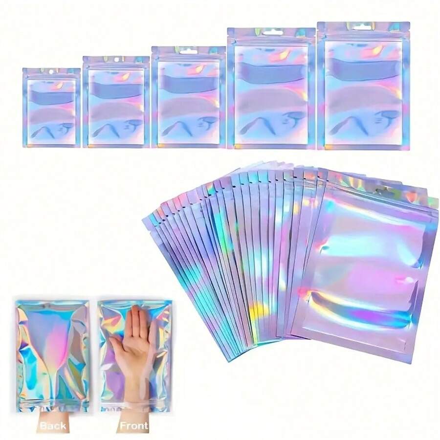 50/5 túi nhôm dán kín bằng nhựa màu sắc dễ thương, túi hologram, túi bán lẻ trang sức tái sử dụng, phù hợp để bảo quản thực phẩm, trang sức, kinh doanh nhỏ, đóng gói quà tặng, Giáng sinh, túi quà tặng hologram laser nhỏ, với thiết kế tự dán kín hologram laser, phù hợp cho trang sức, túi đóng gói quà tặng và túi mẫu có cửa sổ phía trước, túi tự dán kín, túi quà tặng ngày lễ, phù hợp cho Giáng sinh, Halloween, Lễ Tạ ơn, Ngày lễ Tình nhân, Đám cưới