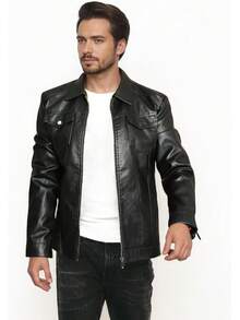Mens Leather Jacket Motorcycle Black Biker Jackets Vintage Faux Leather Outwear Casual Lightweighthalloween - 棕色 - 查看 3