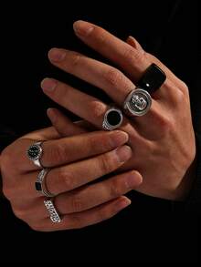 6pcs/Set Retro Hip Hop Style Personalized Skull Head Zinc Alloy Men's Ring, Suitable For Daily And Festival Wear