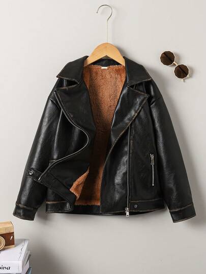 Boys' Retro Collar Fleece PU Leather Jacket, Thickened Warm Outerwear For Autumn/Winter, Fashion Distressed Casual Jacket For Tween Boy