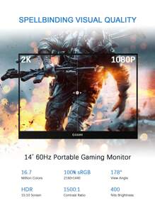 2K 14-Inch 60hz 2160*1440 Brightness 330cd/㎡ 100%SRGB HDR Built-In Speakers Ultra Slimr Gaming Portable Monitor Suitable For Laptops/Mobile Phones/PS Switch Second Monitor , Mini HD, No Adapter