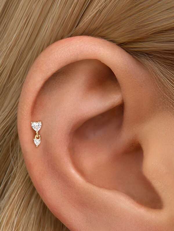 1pc Gold Tiny Heart Dangle Internally Threaded Labret | 925 Sterling Silver Hypoallergenic Heart Stud Earrings | Cartilage Helix Stud | Flat Back Labret Stud | For Women And Men Daily Wear(Sold As A Single Piece)