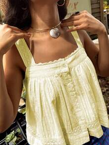 Women Summer Lace Trim Tank Top Casual Sleeveless Button Down Vest Top Loose Babydoll Blouse - 黃色 - 查看 1