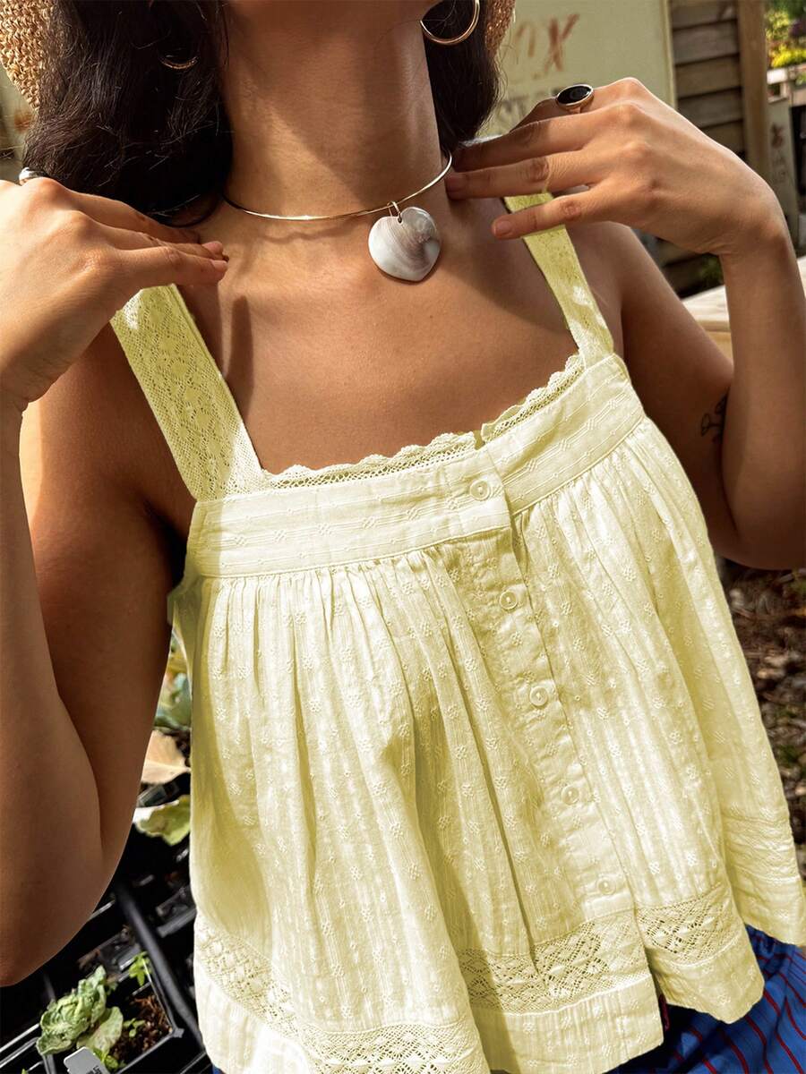 Women Summer Lace Trim Tank Top Casual Sleeveless Button Down Vest Top Loose Babydoll Blouse - 黃色 - 查看 1