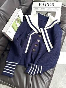 Navy Collar Bow Knit Cardigan, Versatile School Style Sweater