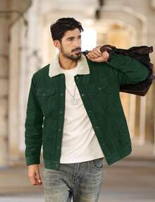 FASBUCO Men's Corduroy Casual Jacket Cotton Sherpa Lined Fleece Lapel Thickened Trucker Jacket Snap Button Coat