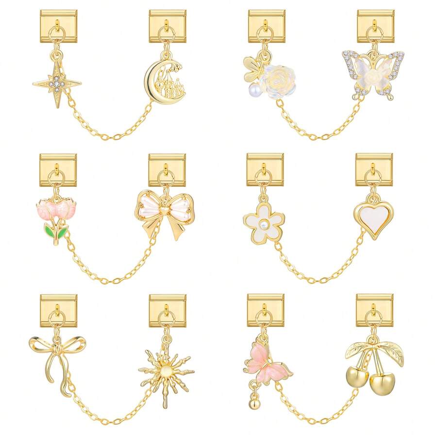 1pc Multifunctional Modular Jewelry Set - Golden Pendant Bracelet, Ring, Anklet, Floral, Star, Bow, Cherry Elements, Lightweight Luxury Design, Freely Combinable