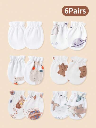 6 Pairs Newborn Baby Cute Anti-Scratch Mittens, Shark, Planet, Bear Pattern Printed Full Finger Gloves, Very Soft & Comfortable, Baby Boy Gift