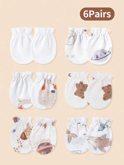 6双新生儿可爱防抓手套，鲨鱼、星球、熊图案印花全指手套，非常柔软舒适，男婴礼物