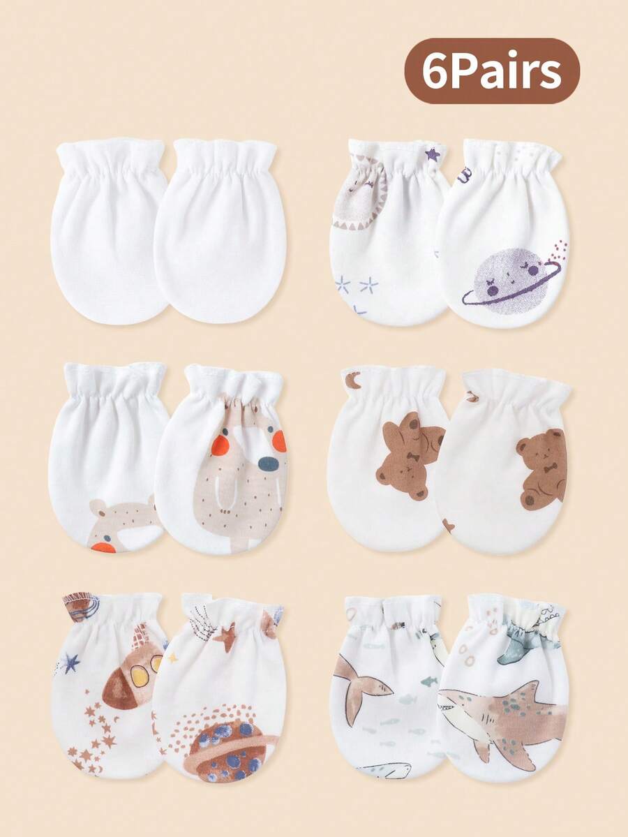 6双新生儿可爱防抓手套，鲨鱼、星球、熊图案印花全指手套，非常柔软舒适，男婴礼物 - 彩色 - 查看 1
