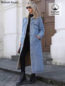 Mobula Sound Casual Thermal Lined Long Denim Jacket For Women, Suitable For Autumn/Winter - Blue - View 6