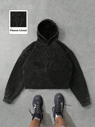 Lonblece 1pc Men's Autumn/Winter Embossed Cross Acid-Washed Hoodie Sweatshirt,