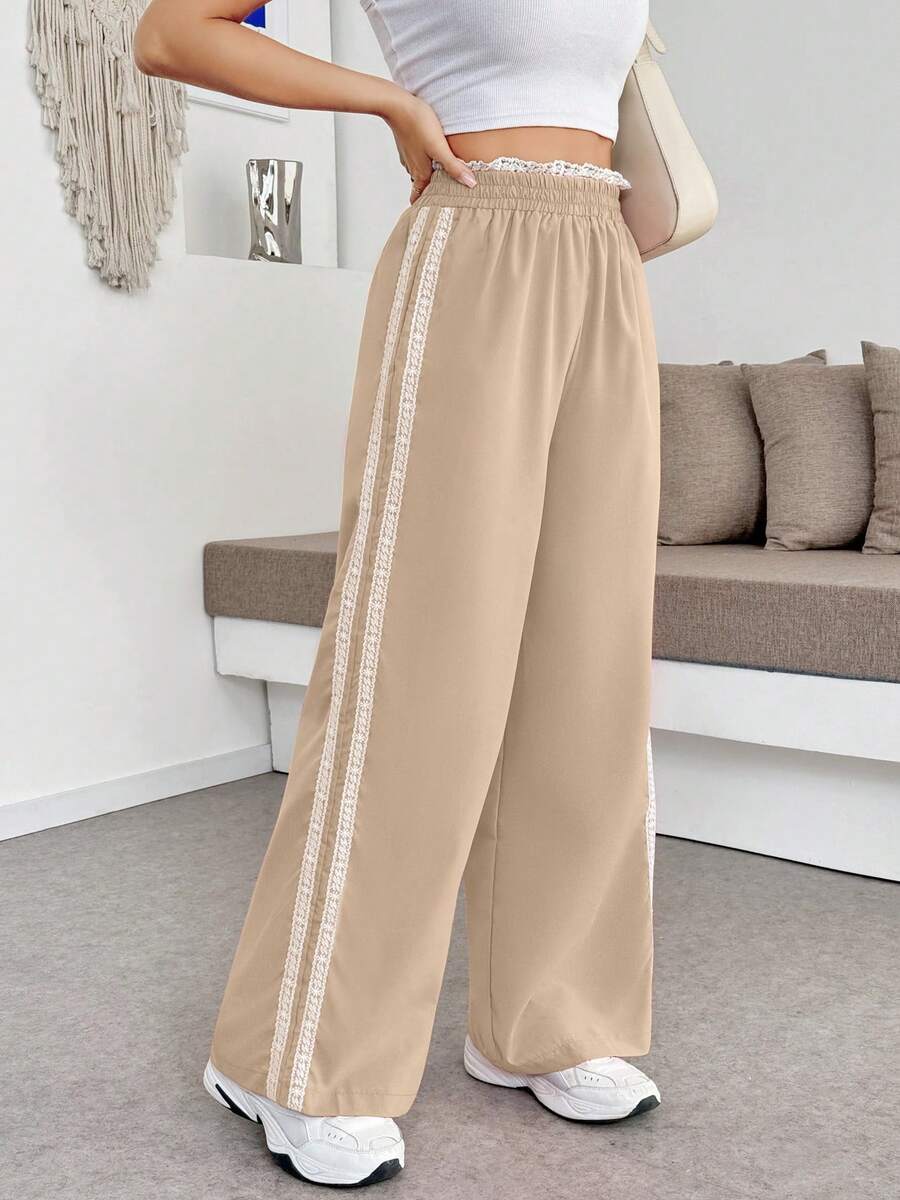 Pantalón de mujer unicolor cómodo para uso casual con rayas laterales de encaje - Caqui - Ver 1