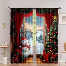 2 Stücke Vorhang mit Weihnachtsmann- und Weihnachtsbaum-Motiv - Polyesterstoff, halbtransparentes modernes Design, geeignet für Schlafzimmer und Wohnzimmer Dekoration, maschinenwaschbar