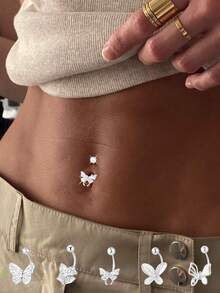 FOREVER QUEEN 1 PC 925 Sterling Silver Dangle Belly Button Rings Belly RingButterfly Belly Button Ring Dangling CZ Belly Screw Navel Barbell Piercing Jewelry For Women