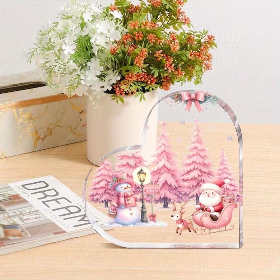 1 pièce Plaque acrylique rose avec sapin de Noël, cœur et Père Noël. Décoration de chambre mignonne avec bonhomme de neige et traîneau pour les filles. Présentoir de bureau et cadeau de Noël pour les amies