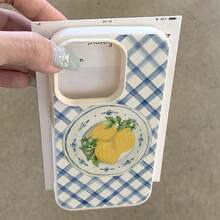 1pc TPU Material Elegant Yellow Lemon & Blue Plaid Pattern Phone Case, Compatible With IPhone/ Phones - White - View 4