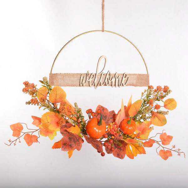 1 guirlanda de outono com placa de boas-vindas, adequada para Ação de Graças, Halloween, folhas de bordo, abóbora, porta de outono, decoração de parede