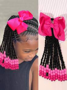 Ponytail With Beads Braids Hair Extension Detachable Synthetic Curly Hairpieces With Bows Protective For Girls Toddler 1pc Kids - Natural Black - View 13