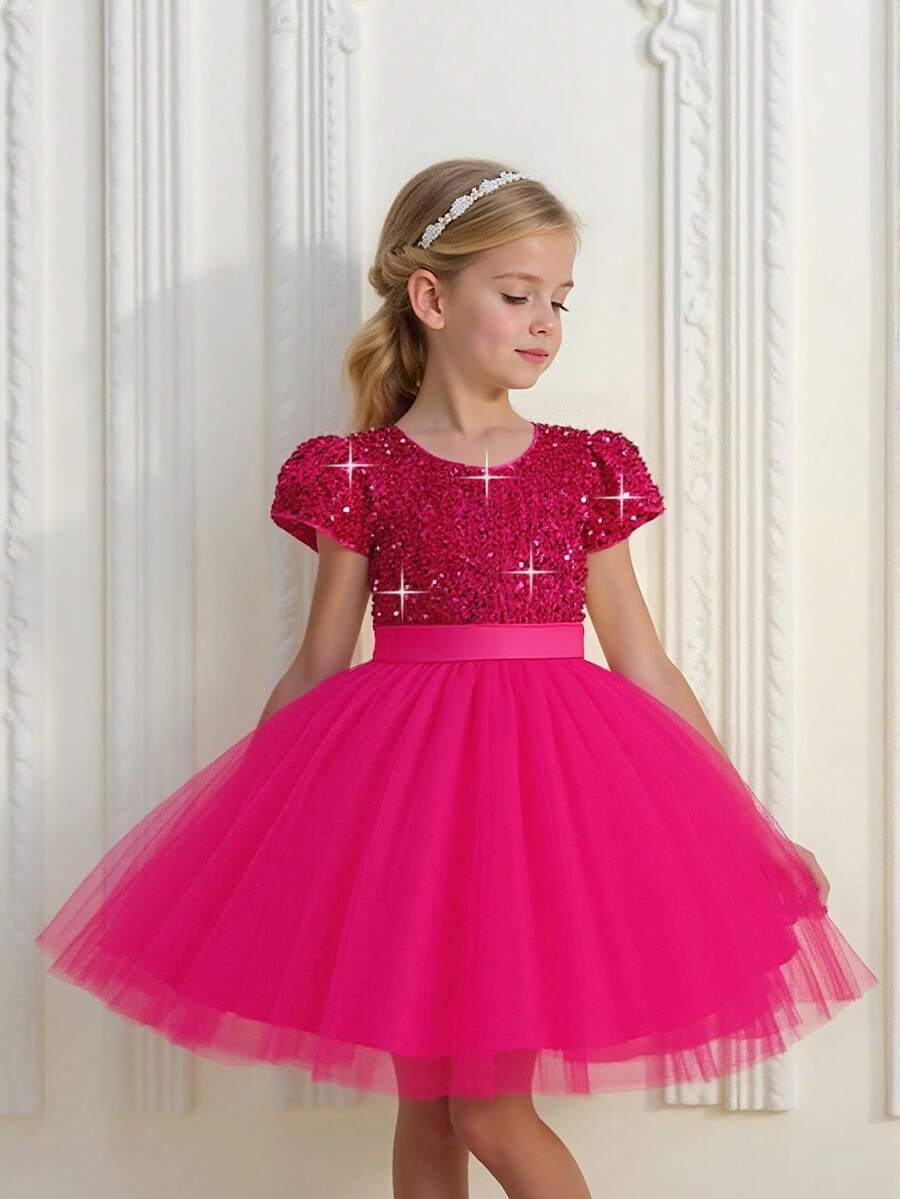 Vestido de princesa de tul de malla con lentejuelas para niñas, adecuado para niña de las flores, fiesta y elegante, sin diadema - Rosa Fucsia - Ver 1