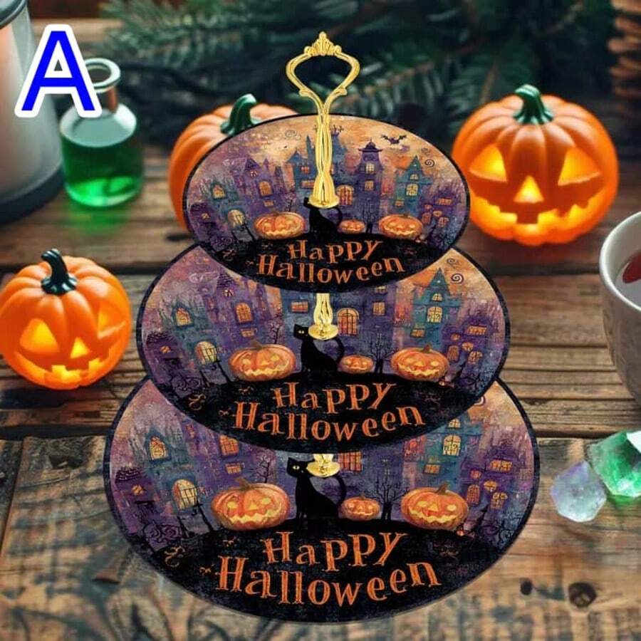 1 Set Of 3-Tier Classic Halloween Themed Elegant Wooden Display Tray, Practical And Convenient Display Rack Design, Both Decorative And Functional, Halloween Special Edition Gift, Halloween Decorative Display Tray, Display Tray, Holiday Party Tabletop Decor