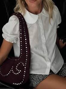 Women Y2k Cute Doll Collar T Shirt Summer Short Puff Sleeve Button Down Shirts Sweet White Blouse Going Out Crop Tops Casual Streetwear For Teen Girls Aesthetic Clothes - trắng - Xem 1