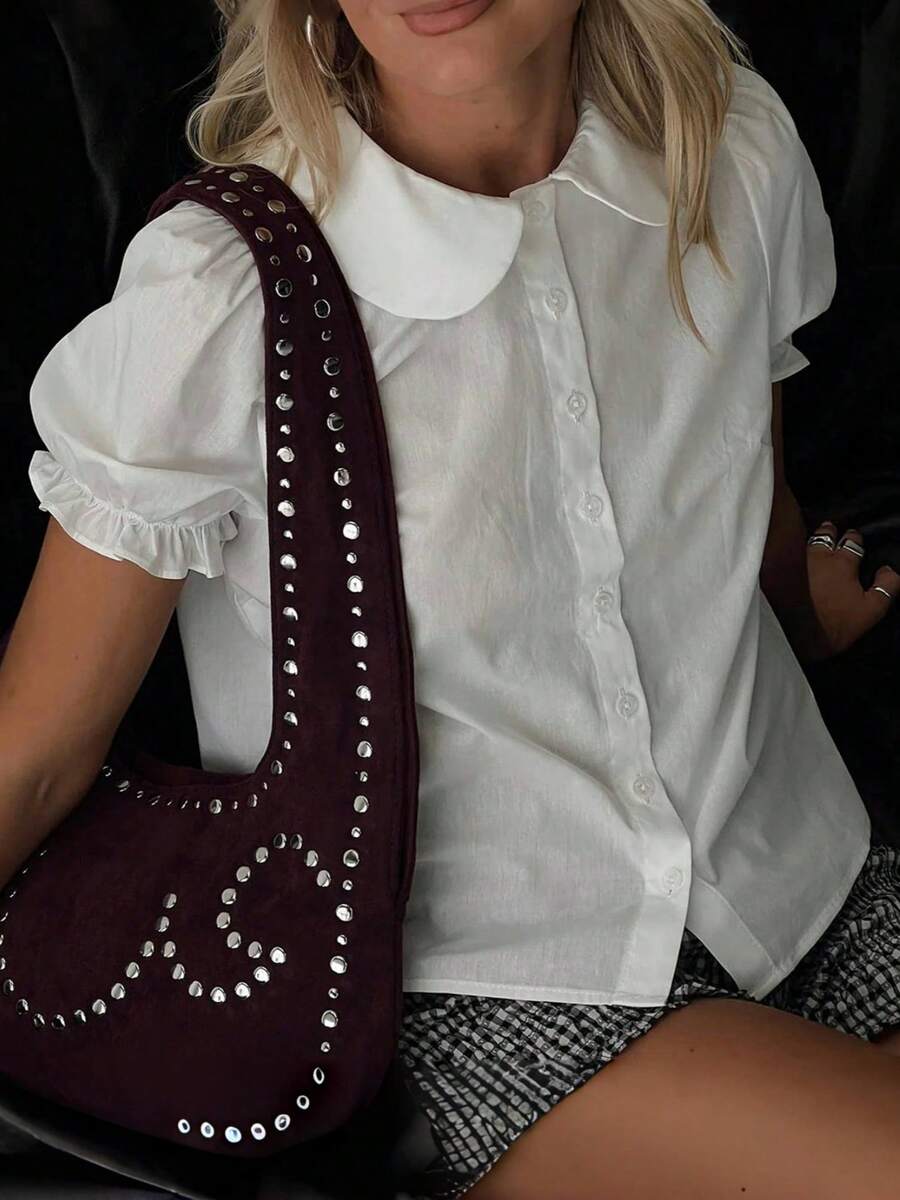 Women Y2k Cute Doll Collar T Shirt Summer Short Puff Sleeve Button Down Shirts Sweet White Blouse Going Out Crop Tops Casual Streetwear For Teen Girls Aesthetic Clothes - trắng - Xem 1