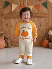 Mono informal de Halloween para bebé, con bordado de letras de calabaza, manga larga, cuello redondo y largo completo - Naranja - Ver 2