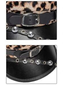 1pc Women Punk Leopard Print Spider Rivet Leather Beret Hat, Suitable For Daily Commute Or Party Halloween