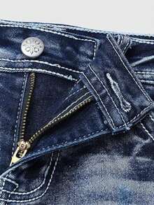 Woman Shorts Jeans Mid Waisted Stretchy Ripped Denim Shorts Raw Hem Curvy Mid Waisted Stretchy Ripped Denim Shorts Raw Hem Curvy - Màu xanh lam - Xem 5