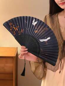 1pc Exquisite Chinese Style Fan With Embroidered Crane And Tassel - Perfect Gift With High Cost Performance And Excellent Quality - Bird - View 3