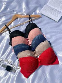 Kit 5 Sutiã de Renda com Bojo Alça com Regulagem de Plástico Não da Alergia Adulto Feminino Lingerie Moda Intima Confortável Dia a Dia - Cores Neutras - Visão 10