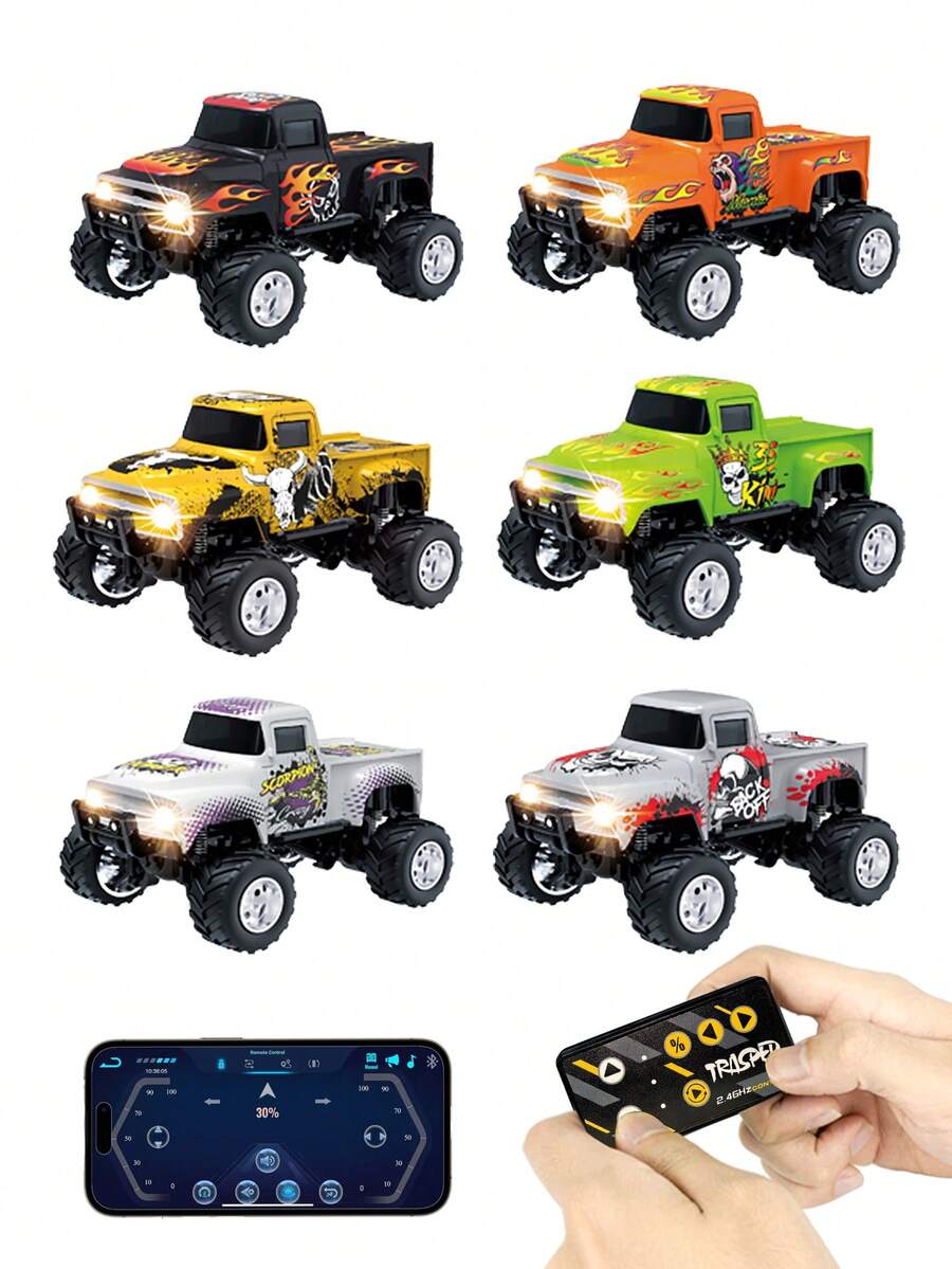 Mini RC Truck With APP Control, 1:64 Scale Monster Truck Toy, 2.4GHz Wireless Remote Control, LED Lights, Alloy Case, MultiControl Modes, Speed/Steering Adjustable- Toy Gift For Boys, Girls, Adults
