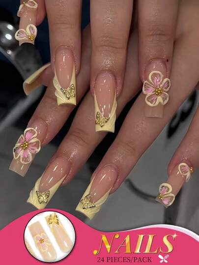 24 piezas Juego de uñas postizas tipo ataúd largas con puntas francesas suaves amarillas y mariposas 3D rosas, diseño de gel brillante y duradero, aplicación fácil y cómoda con pegamento de gelatina y lima de uñas, perfecto para todas las mujeres, fiestas, celebraciones y uso diario