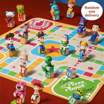  MINISO 玩具总动员30周年纪念飞行棋盲盒摆件。经典人物盲盒公仔搭配独特棋盘，装饰娱乐两相宜（1个随机发货）