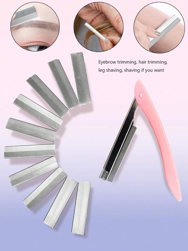 10pcs Blades + 1pc Razor Holder Set, 180° Foldable Epilator Razor Set, Washable, Reusable, Replaceable Blades, Suitable For Eyebrows, Face, Hands, Legs And Body Hair Removal, Unisex Manual Shaver, Daily Use, Beach Vacation Essential, Cosmetic Necessity, All Season, Spa & Salon Use