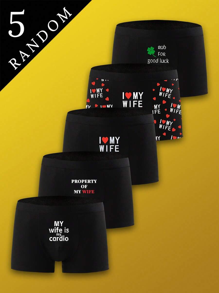 Random 5 Pieces Of Men's Black Boxer Briefs I Love My WIFE Letter Heart Pattern Men's Long Boxer Briefs, Casual Loose Men's Shorts,Comfortable And Versatile Underwear Perfect Valentine's Day Gift,Wedding,Halloween,Christmas