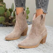 1 Pair Women's Solid Color Western Style Chunky Heel Boots, 2025 Autumn/Winter New Fashion Versatile Women's Slip-On Ankle Boots